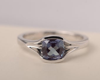 Solitaire ring half bezel setting alexandrite gold ring engagement ring cushion cut June birthstone