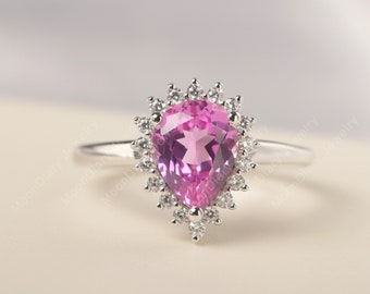 Unique halo ring pink sapphire vintage engagement ring pear cut hot pink gemstone solid sterling silver