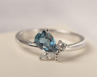 November birthstone bee ring real London blue topaz engagement ring solid white gold water drop shaped unique birthday gifts