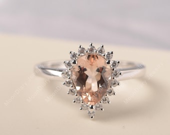 Anillo de bodas de morganita rosa natural con halo vintage de piedra preciosa rosa en forma de pera de plata maciza