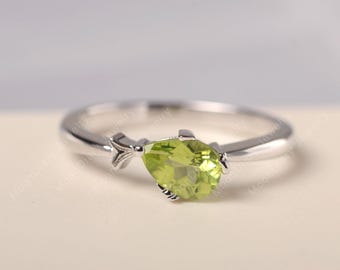 August birthstone real natural peridot promise ring white gold green gemstone pear cut engagement ring
