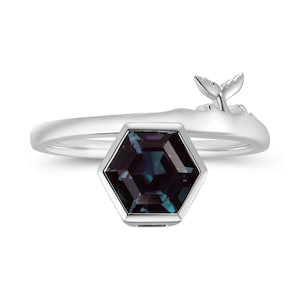 Unique alexandrite ring sterling silver solitaire hexagon color changing stone dolphin tail ocean ring