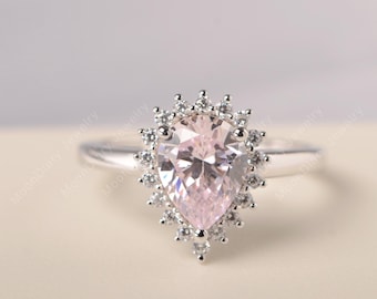 Anillo de bodas vintage con halo de circonita cúbica rosa, plata esterlina maciza, corte de pera, piedra preciosa rosa, circonita cúbica, regalo de graduación
