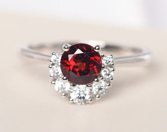Garnet cocktail ring 14k white gold round cut 6x6 mm January birthstone ring Christmas gift