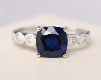 Cushion cut blue sapphire engagement ring sterling silver blue gemstone September birthstone