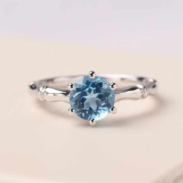 Minimalist Swiss blue topaz ring round shaped bamboo statement ring Novmeber birthstone