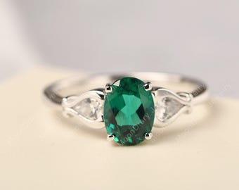 Three stone emerald ring oval shaped engagement ring solid silver May birthstone