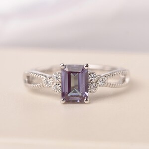 Alexandrite engagement ring for women emerald cut sterling silver color changing gemstone June birthstone