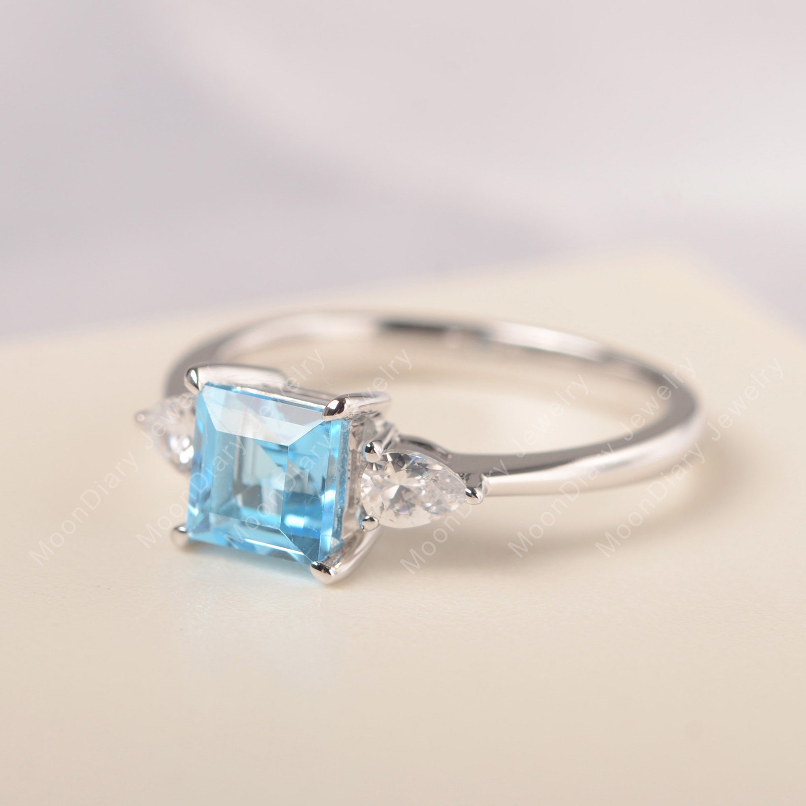 Genuine Swiss Blue Topaz Anniversary Ring Solid White Gold Etsy