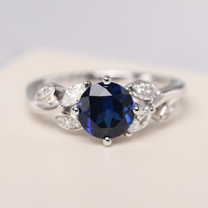 Sapphire promise ring round shaped blue stone silver twig wedding ring September birthstone