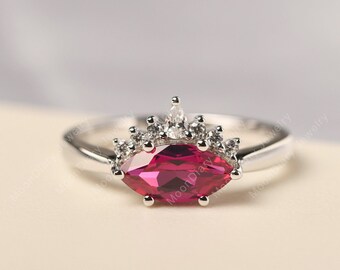 Delicate ruby crown engagement ring 14k white gold marquise cut July birthstone ring
