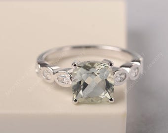 Real natural green amethyst ring sterling silver cushion cut light green stone daily wear ring