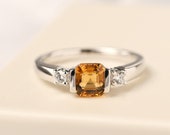 Plain band citrine engagement ring asscher cut yellow stone silver ring November birthstone