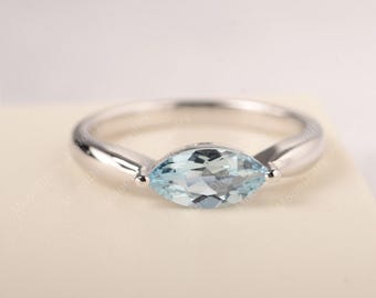 minimalist  ring natural aquamarine wedding ring sterling silver marquise cut light blue stone March birthstone