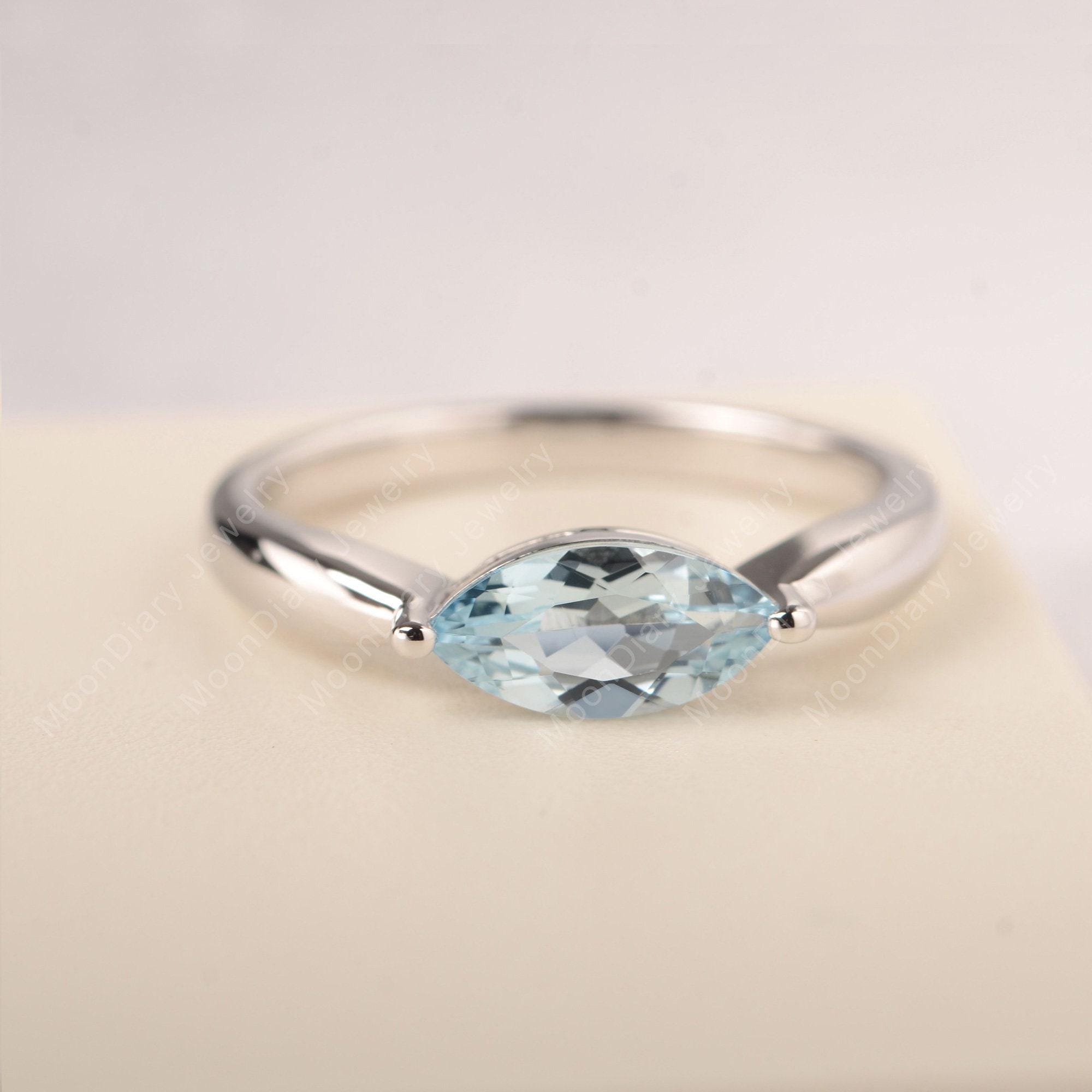 minimalist  ring natural aquamarine wedding ring sterling silver marquise cut light blue stone March birthstone