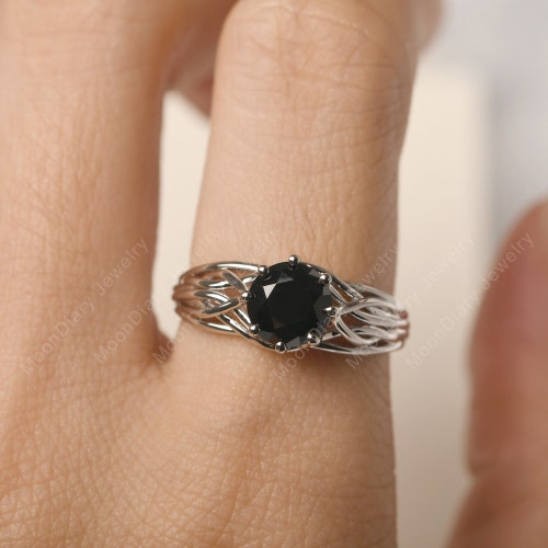 Black stone ring white gold solitaire engagement ring for shops women sterling silver