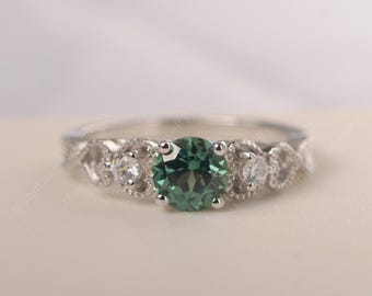 Green sapphire ring sterling silver round cut teal sapphire engagement ring for women