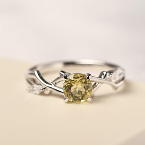 Lemon quartz promise ring round shaped yellow stone solid silver twig ring