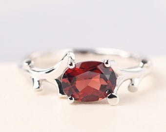 Solitaire garnet wedding ring 14k white gold red stone branch engagement ring January birthstone