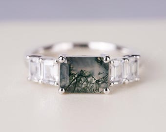 Moss Agate Stone Ring Engagement Ring White Gold Anniversary Ring with Baguette Cut Side Stones Nature's Beauty Captured Stone ring