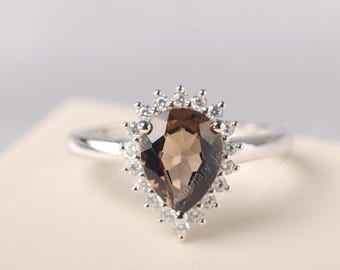 Unique smoky quartz bridal ring brown quartz pear cut gorgeous personalized engagement ring for women