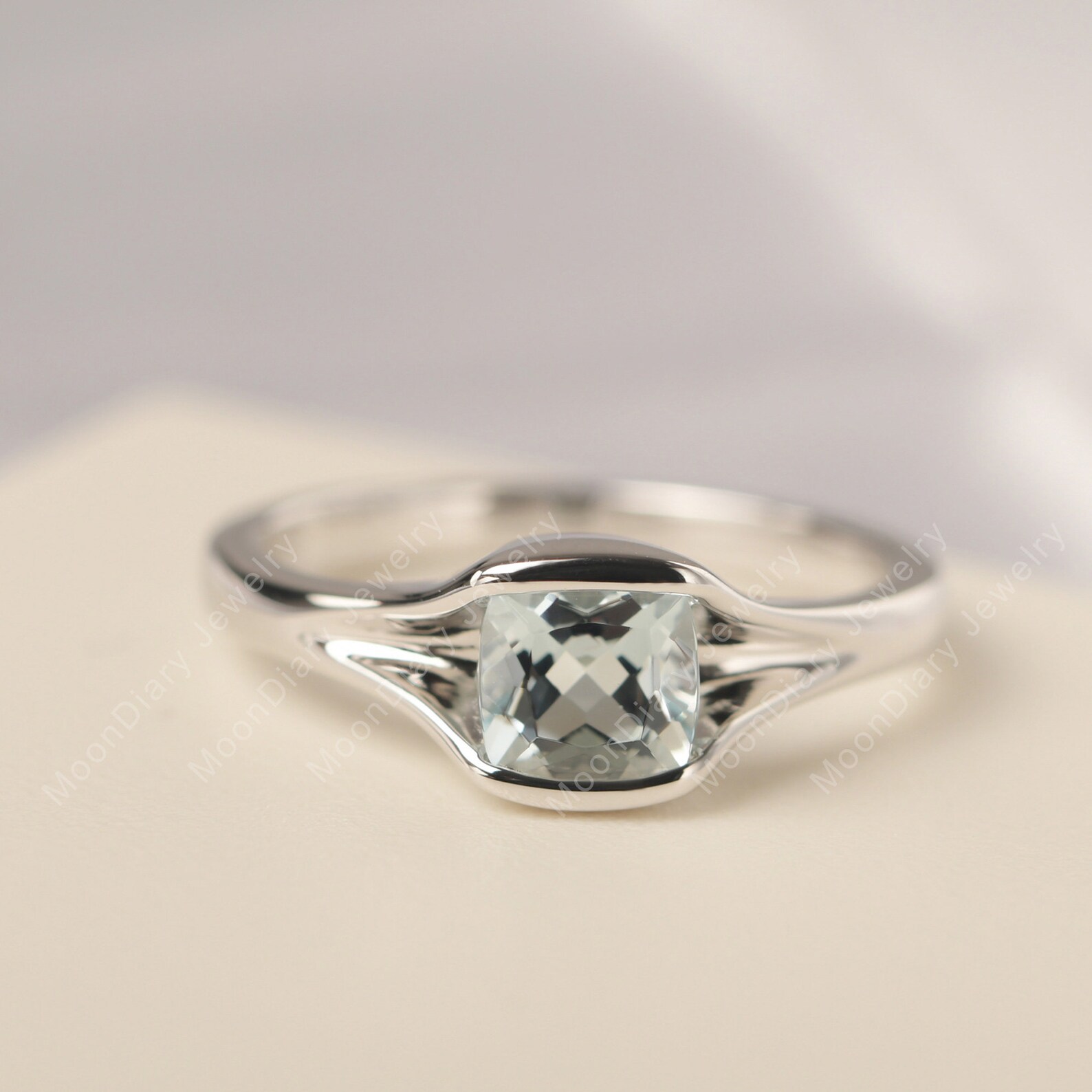 Real Aquamarine Promise Ring 14k White Gold Cushion Cut Etsy