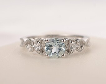 Round cut light blue aquamarine ring March birthstone white gold engagement ring
