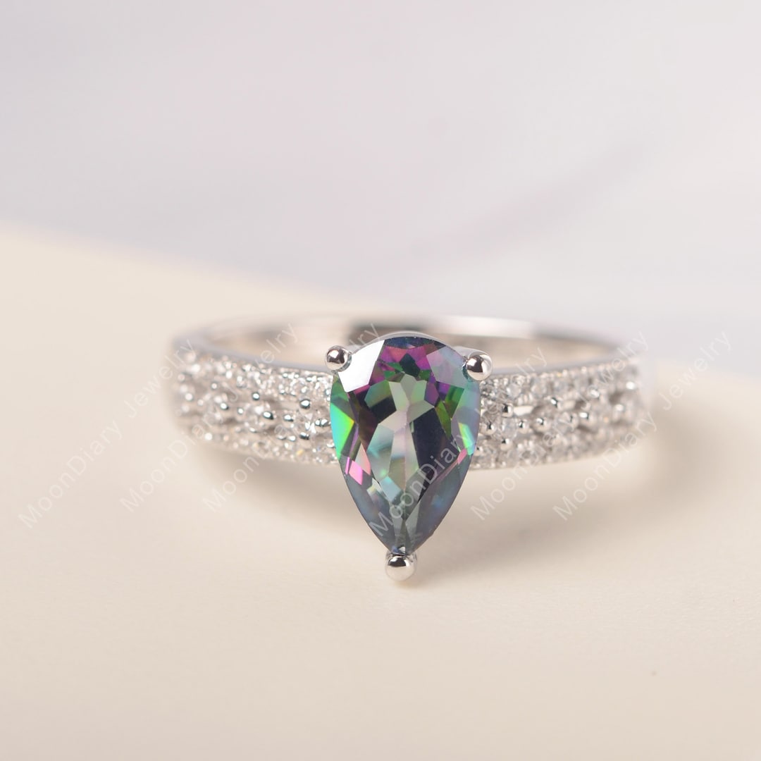 Real Rainbow Topaz Wedding Ring Mystic Topaz Statement Ring Tear Drop ...