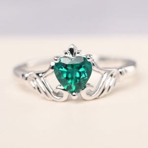 Emerald claddagh engagement ring sterling silver heart cut May birthstone ring