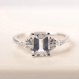 Natural white topaz wedding ring sterling silver emerald cut unique handmade ring November birthstone