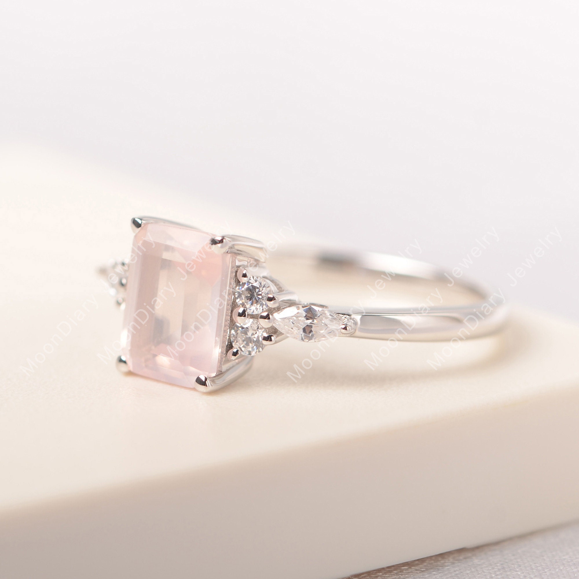 Genuine Pink Quartz Ring Rose Quartz Sterling Silver Emerald Etsy