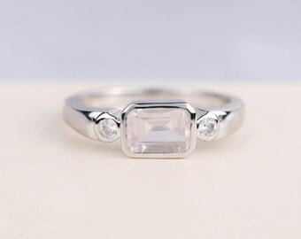 Rose Quartz Engagement Ring Sterling Silver Real Natural Gemstone Ring Promise Ring for Her Emerald Cut Bezel Ring