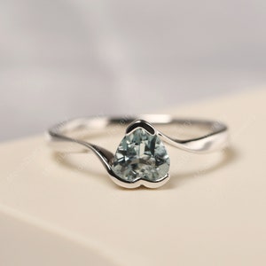 Natural aquamarine promise ring heart cut delicate sterling silver bypass ring March birthstone