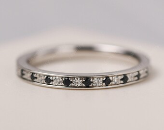 Dainty wedding band eternity stackable ring round cut black spinel stack ring