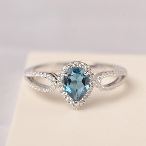 Genuine London blue topaz ring pear cut blue stone sterling silver split band November birthstone