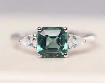 Vintage green sapphire engagement ring with pear side stone sterling silver asscher cut green stone anniversary ring