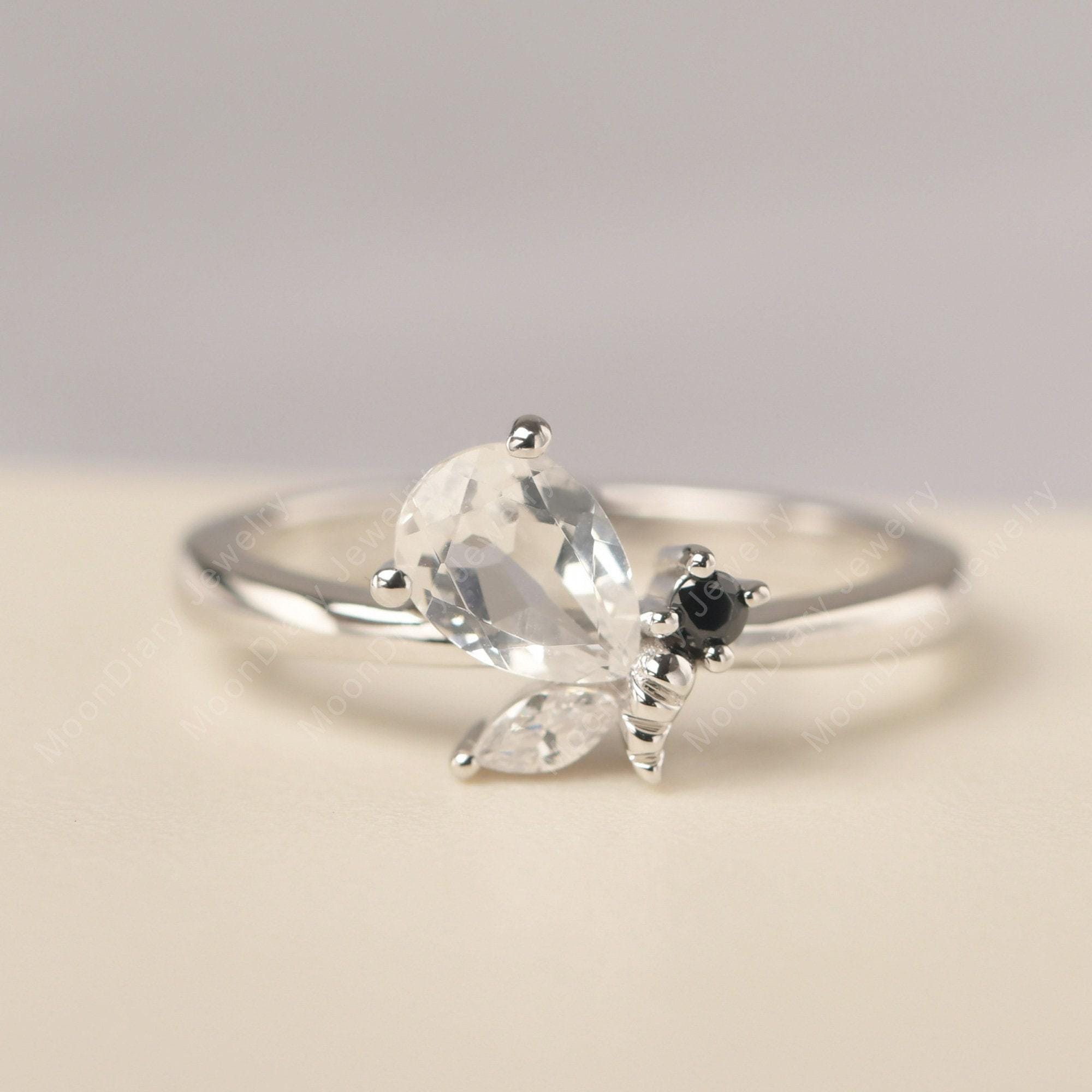 Unique honey bee ring real natural white topaz wedding ring 14k white gold pear cut November birthstone anniversary gifts