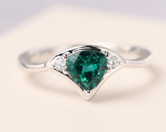 Minimalist emerald anniversary ring sterling silver trillion cut fan shaped May birthstone ring