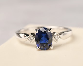 Sapphire minimalist ring affordable engagement ring sterling silver oval cut September birthstone