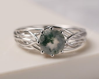 Natural moss agate wedding ring round shaped silver art deco nest ring