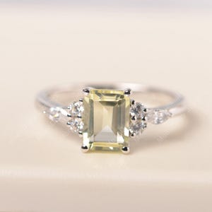 Handmade lemon quartz ring light yellow gemstone emerald cut sterling silver promise ring for women