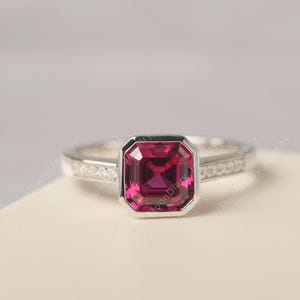 Asscher cut wedding ring bezel set ruby proposal ring July birthstone unique anniversary gifts for her