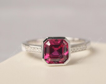 Asscher cut wedding ring bezel set ruby proposal ring July birthstone unique anniversary gifts for her