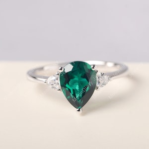 Unique emerald anniversary ring sterling silver pear cut green gemstone May birthstone antique art deco