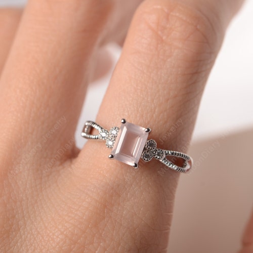 Anniversary ring pink shops quartz ring pink gemstone rose quartz emerald cut sterling silver lovely ring gift for her