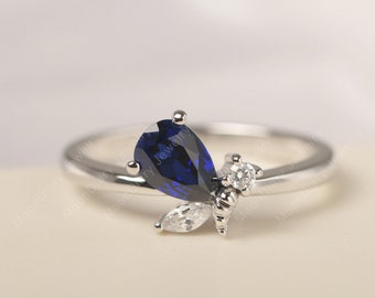 Lovely honey bee ring handmade blue sapphire cocktail ring solid sterling silver tear drop shaped September birthstone