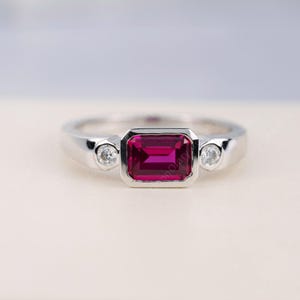 Horizontal Engagement  Ring for Her Ruby Red stone Ring Sterling Silver Ring July Birthstone Bezel Ring
