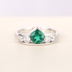 Vintage emerald engagement ring solid white gold round cut green stone delicate daily wear ring May birthstone