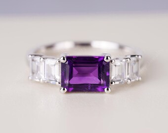 Amethyst Statement Ring with Baguette Cut Side Stones  East-West Emerald Cut February Birthstone ring