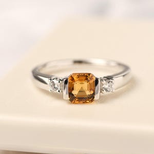 Plain band citrine engagement ring asscher cut yellow stone silver ring November birthstone